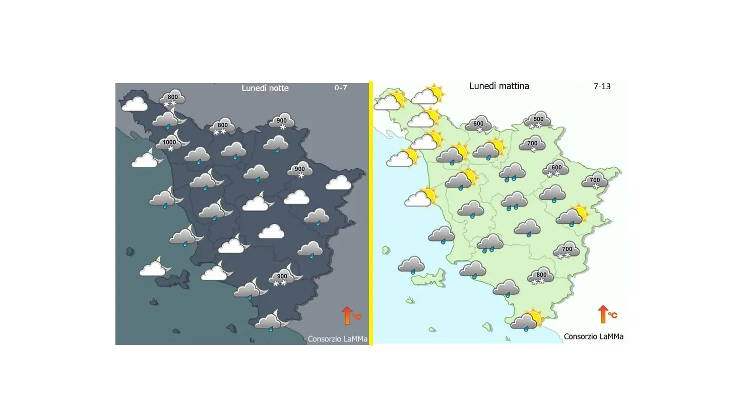 Meteo Toscana, allerta gialla per neve e mareggiate