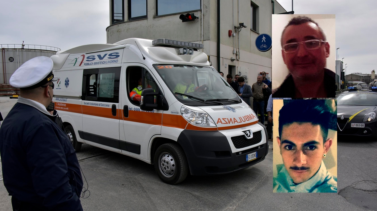 Un'ambulanza sul luogo dell'incidente. Nel riquadro le due vittime