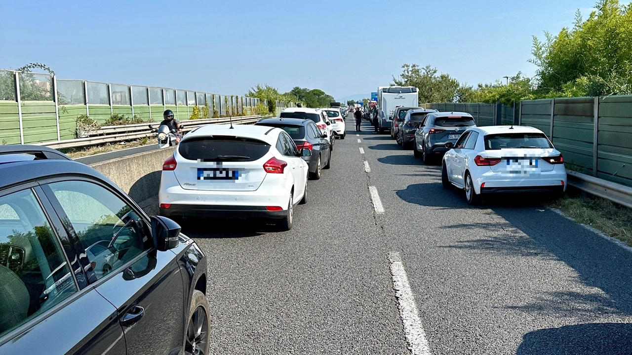 Il traffico in tilt dopo l'incidente (Foto Novi)