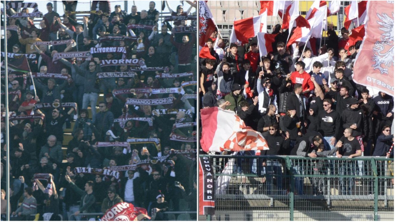 Le tifoserie di Livorno (a sinistra) e Grosseto durante il derby di Serie D (Foto Aprili)