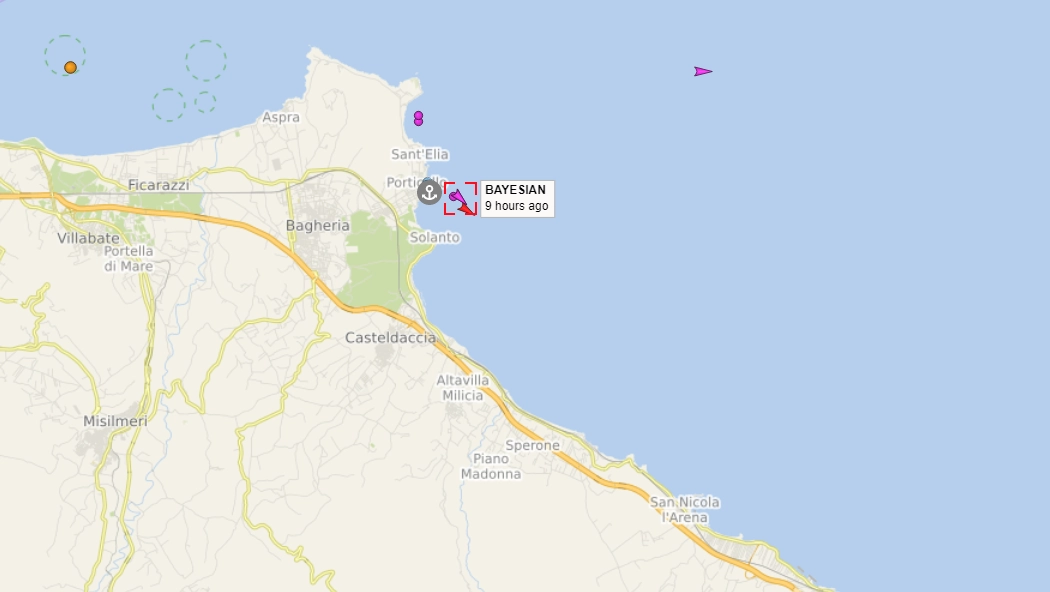 La posizione del veliero Bayesian affondato a Palermo da una tromba marina (Guardia costiera Catania)